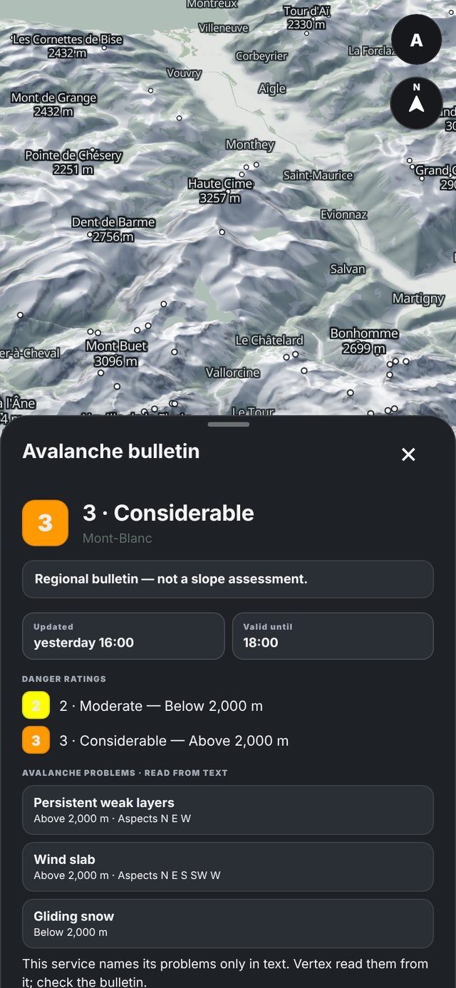 Avalanche bulletin for Mont-Blanc: danger 3 Considerable above 2,000 m, 2 below, with persistent weak layers, wind slab and gliding snow