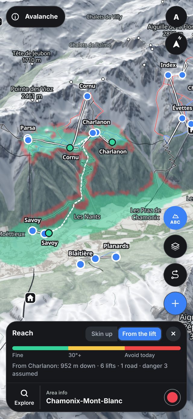 From the lift layer from Charlanon: the runs you can ski down to the valley, coloured by today's danger